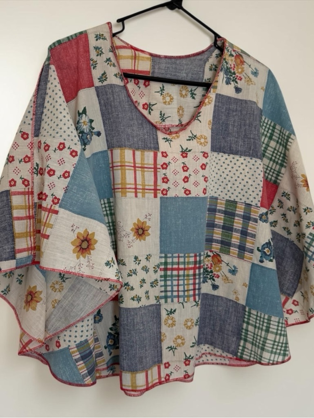 Handmade Patchwork Poncho Size S/M Pullover Flutter Sleeve Floral Lightweight